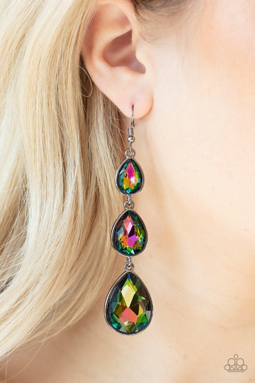 Metro Momentum Multi Oil Spill Rhinestone Earrings - Paparazzi Accessories- on model - CarasShop.com - Paparazzi Jewelry by Cara Jewels