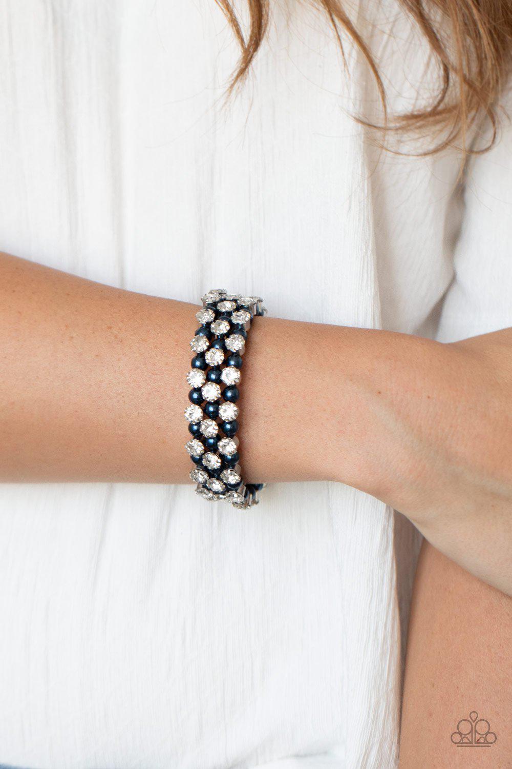 Metro Motif Blue Pearl and White Rhinestone Wire Wrap Bracelet - Paparazzi Accessories- lightbox - CarasShop.com - Paparazzi Jewelry by Cara Jewels