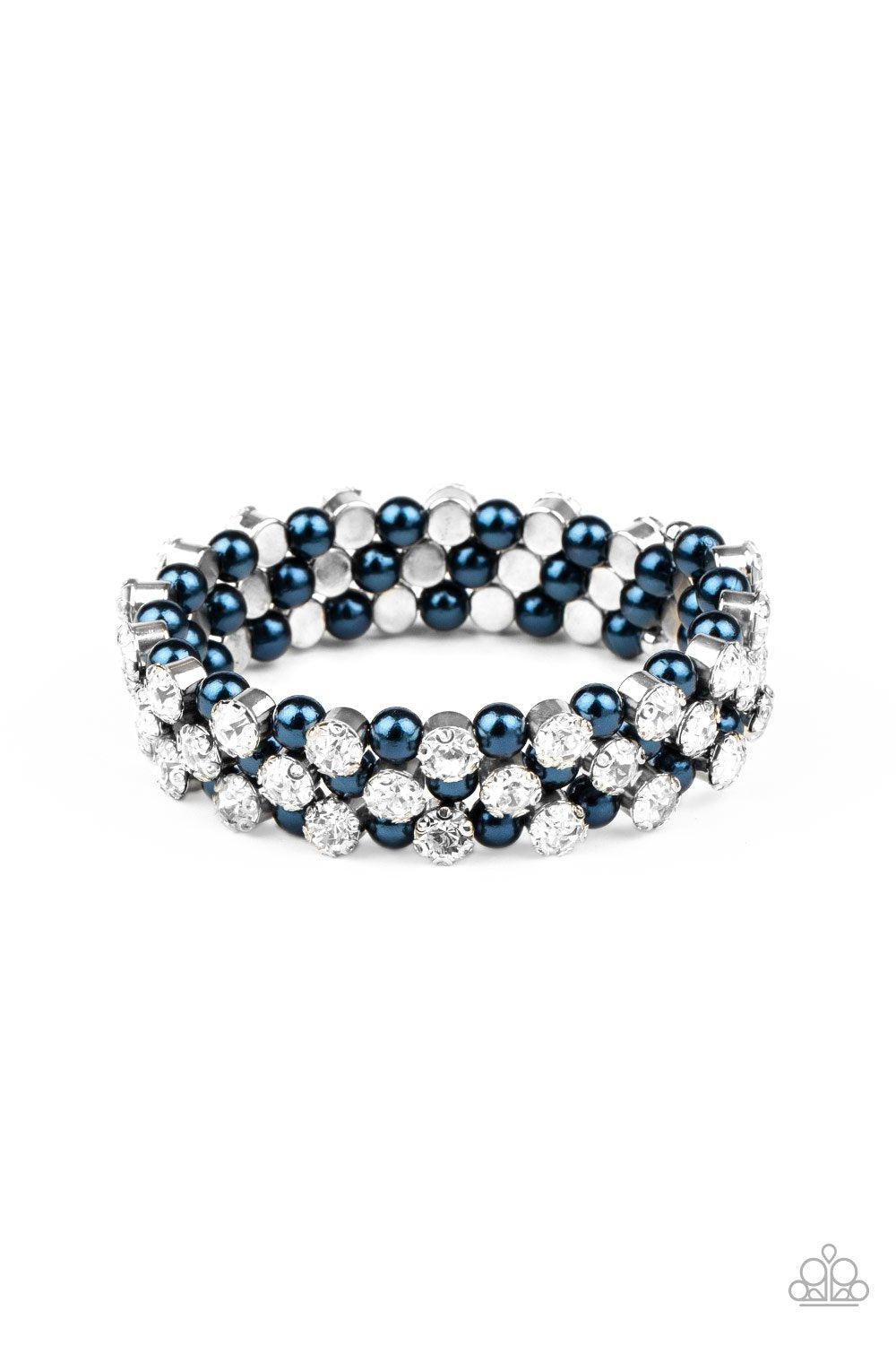 Metro Motif Blue Pearl and White Rhinestone Wire Wrap Bracelet - Paparazzi Accessories- on model - CarasShop.com - Paparazzi Jewelry by Cara Jewels