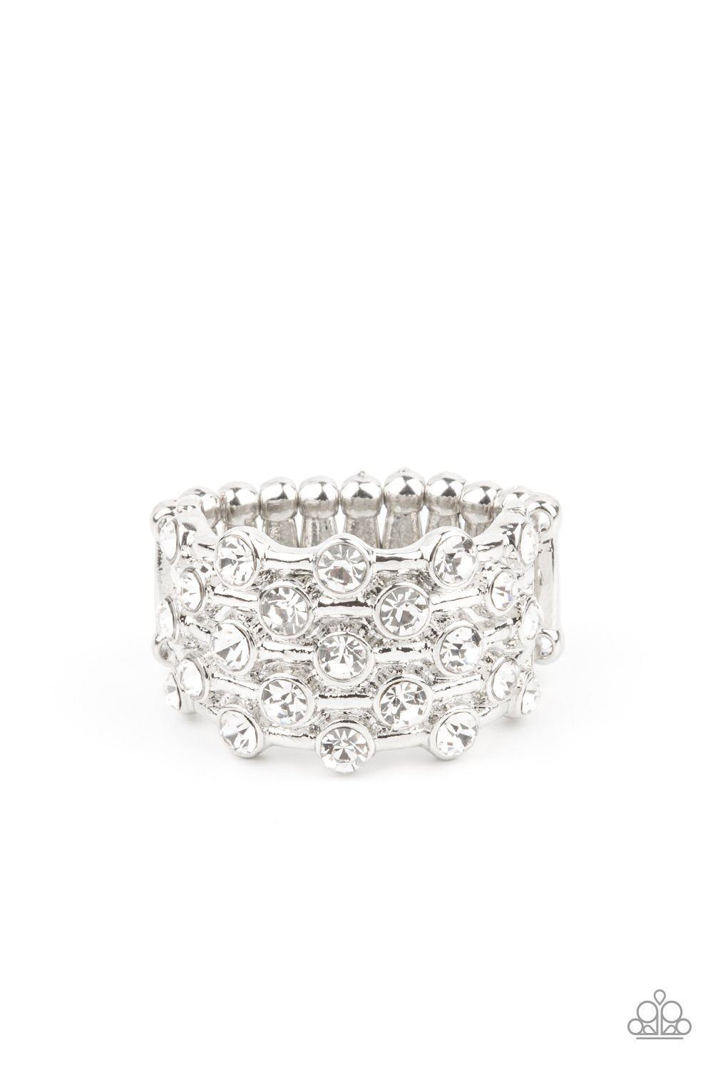 Metro Motivation White Rhinestone Ring - Paparazzi Accessories- lightbox - CarasShop.com - Paparazzi Jewelry by Cara Jewels