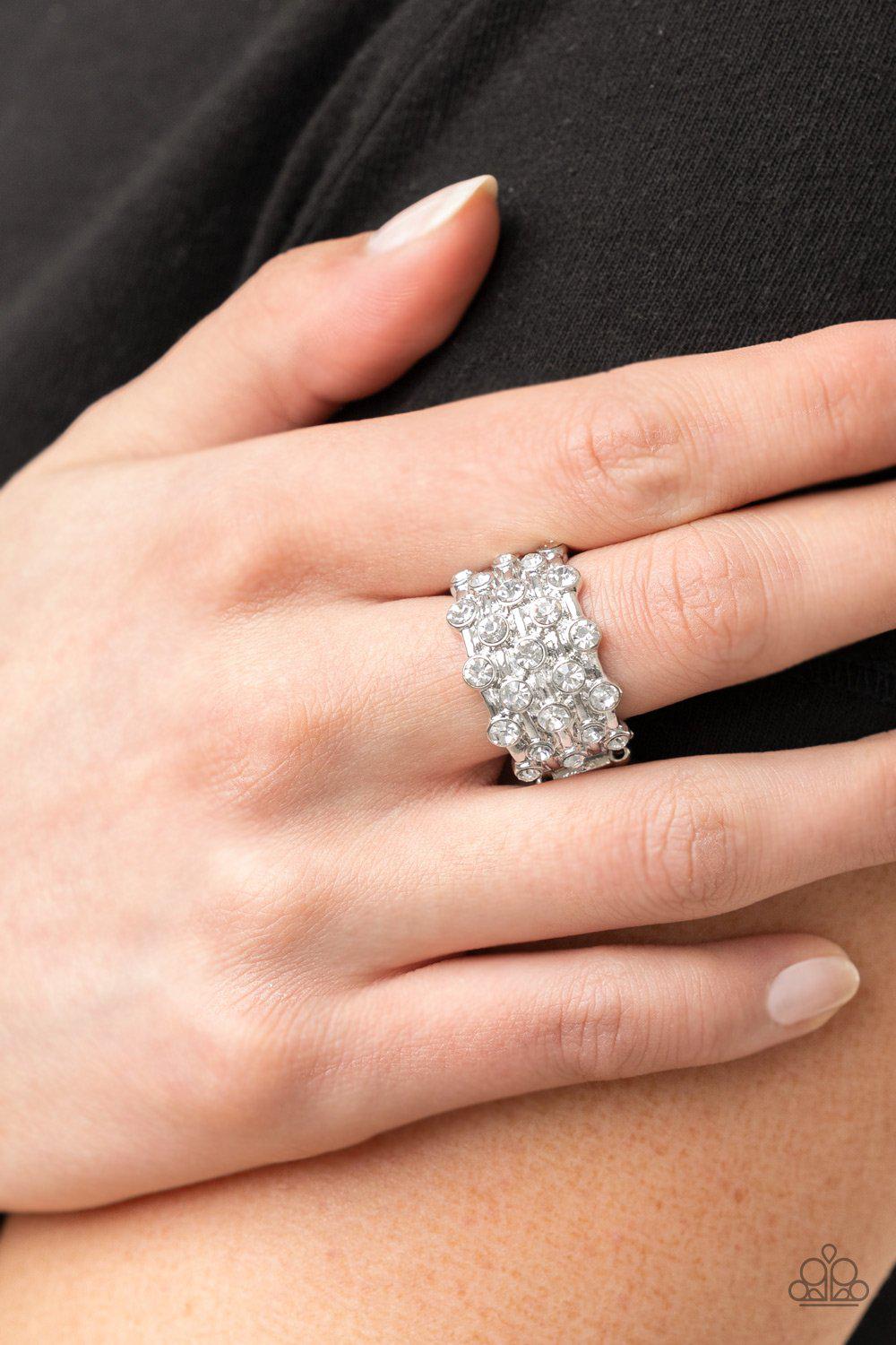 Metro Motivation White Rhinestone Ring - Paparazzi Accessories- on model - CarasShop.com - Paparazzi Jewelry by Cara Jewels