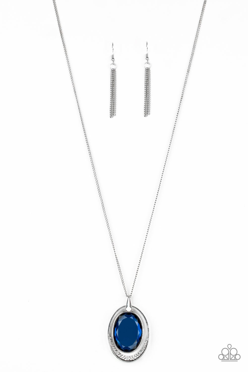 Metro Must-Have Blue Rhinestone Pendant Necklace - Paparazzi Accessories- on model - CarasShop.com - Paparazzi Jewelry by Cara Jewels