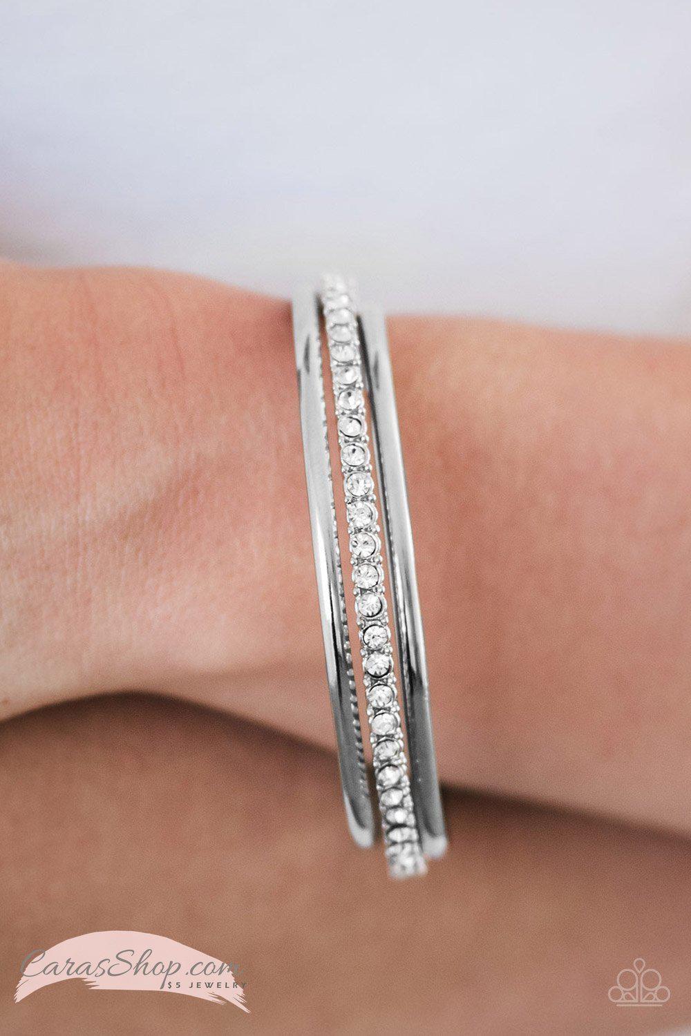 Metro-politan White Rhinestone and Silver Bangle Bracelet Set - Paparazzi Accessories- lightbox - CarasShop.com - Paparazzi Jewelry by Cara Jewels