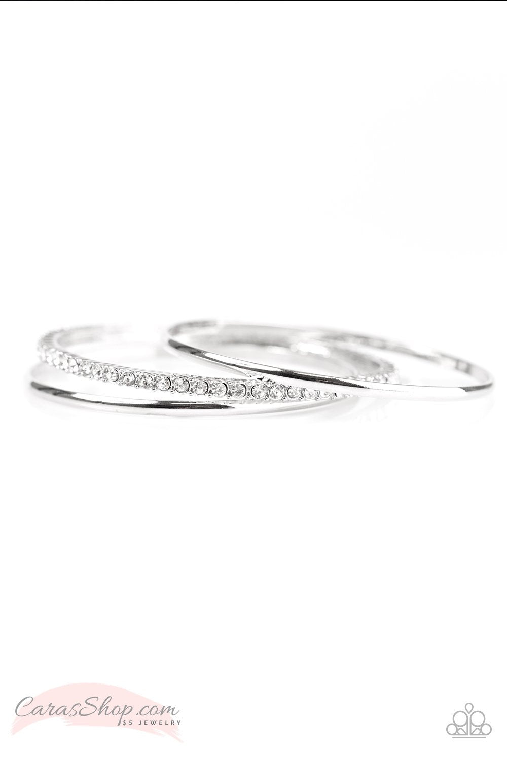 Metro-politan White Rhinestone and Silver Bangle Bracelet Set - Paparazzi Accessories- on model - CarasShop.com - Paparazzi Jewelry by Cara Jewels