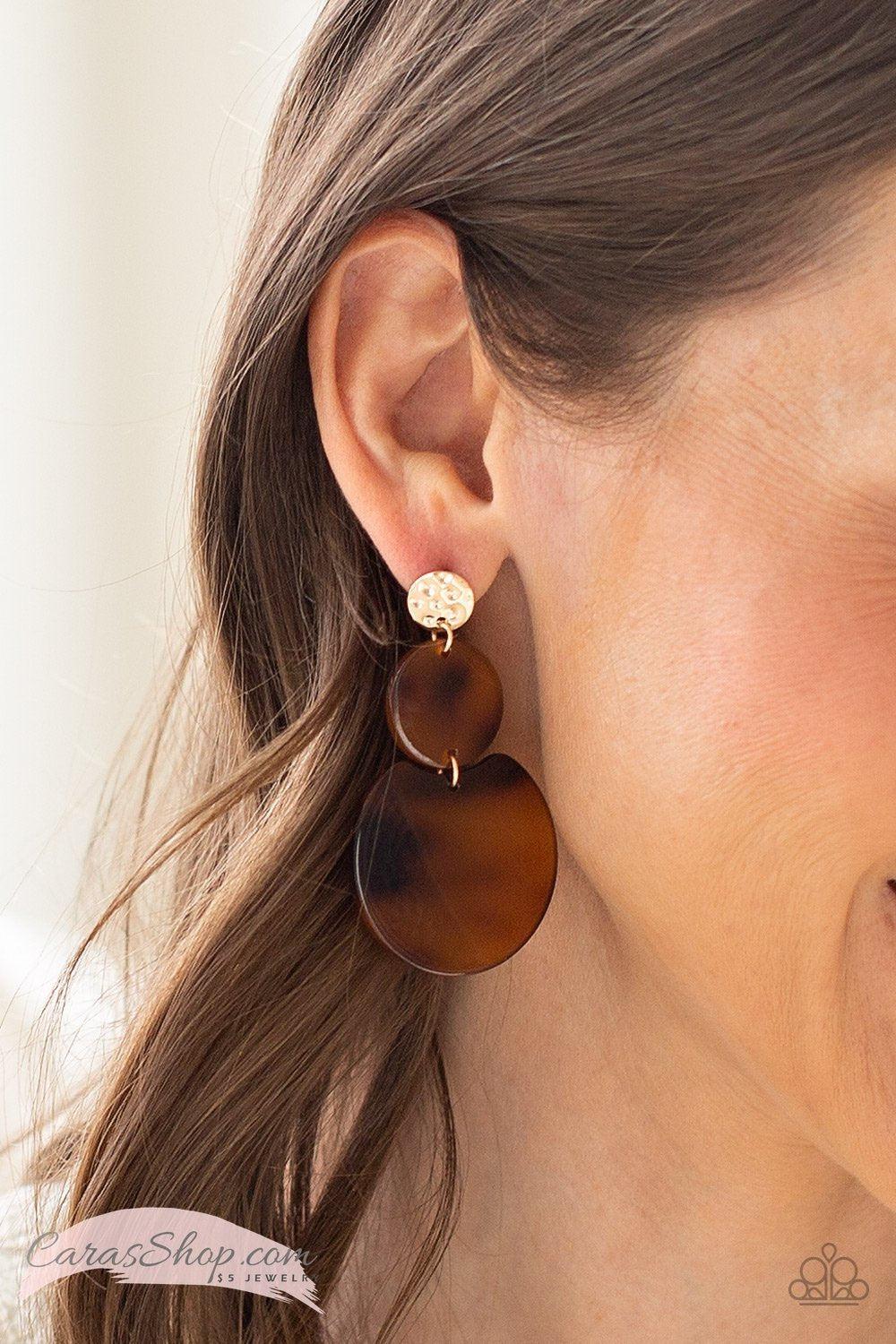 Miami Mariner Gold and Brown Acrylic Post Earrings - Paparazzi Accessories- lightbox - CarasShop.com - Paparazzi Jewelry by Cara Jewels