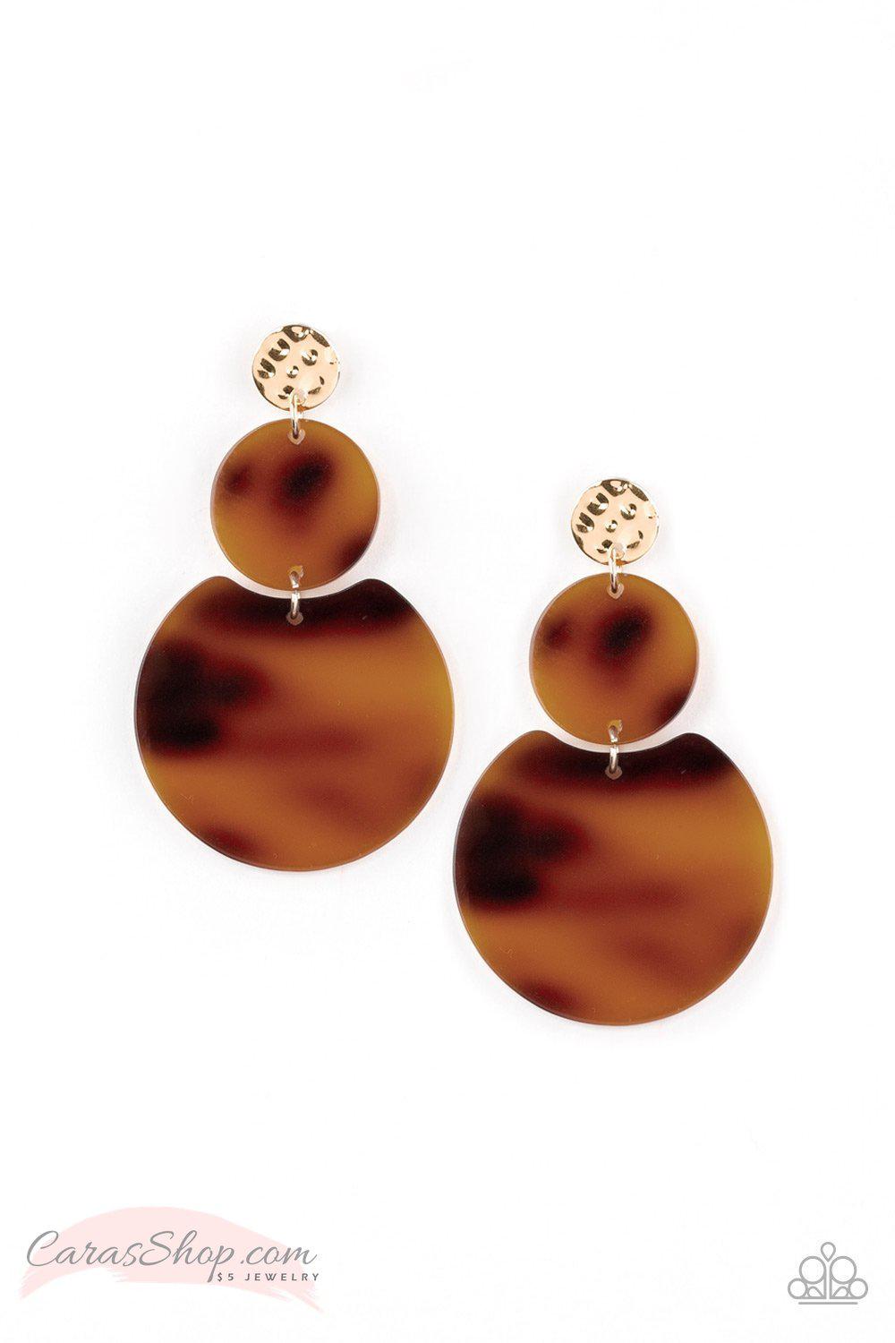 Miami Mariner Gold and Brown Acrylic Post Earrings - Paparazzi Accessories- on model - CarasShop.com - Paparazzi Jewelry by Cara Jewels
