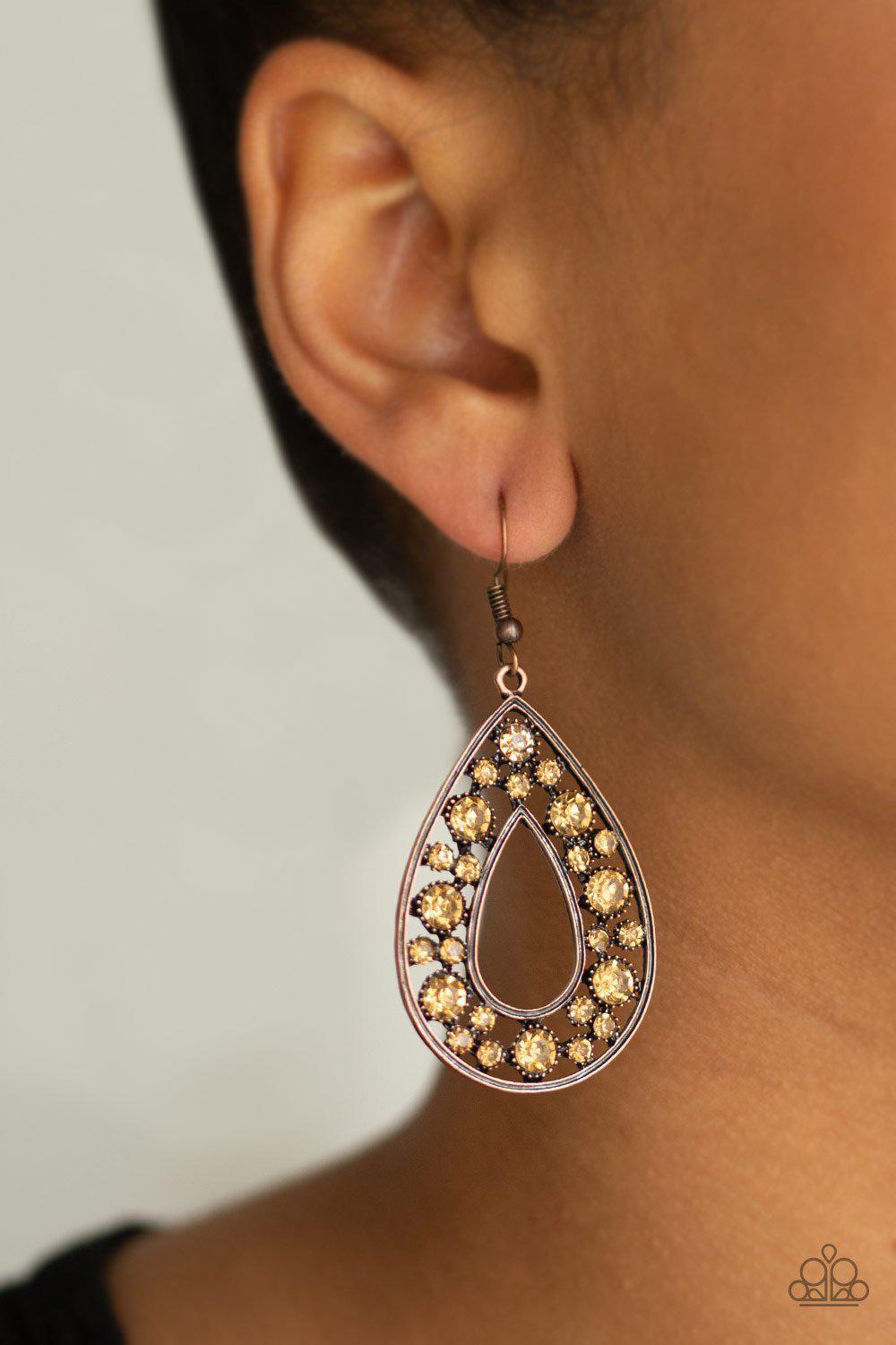 Midnight Magic Copper Rhinestone Teardrop Earrings - Paparazzi Accessories- lightbox - CarasShop.com - Paparazzi Jewelry by Cara Jewels