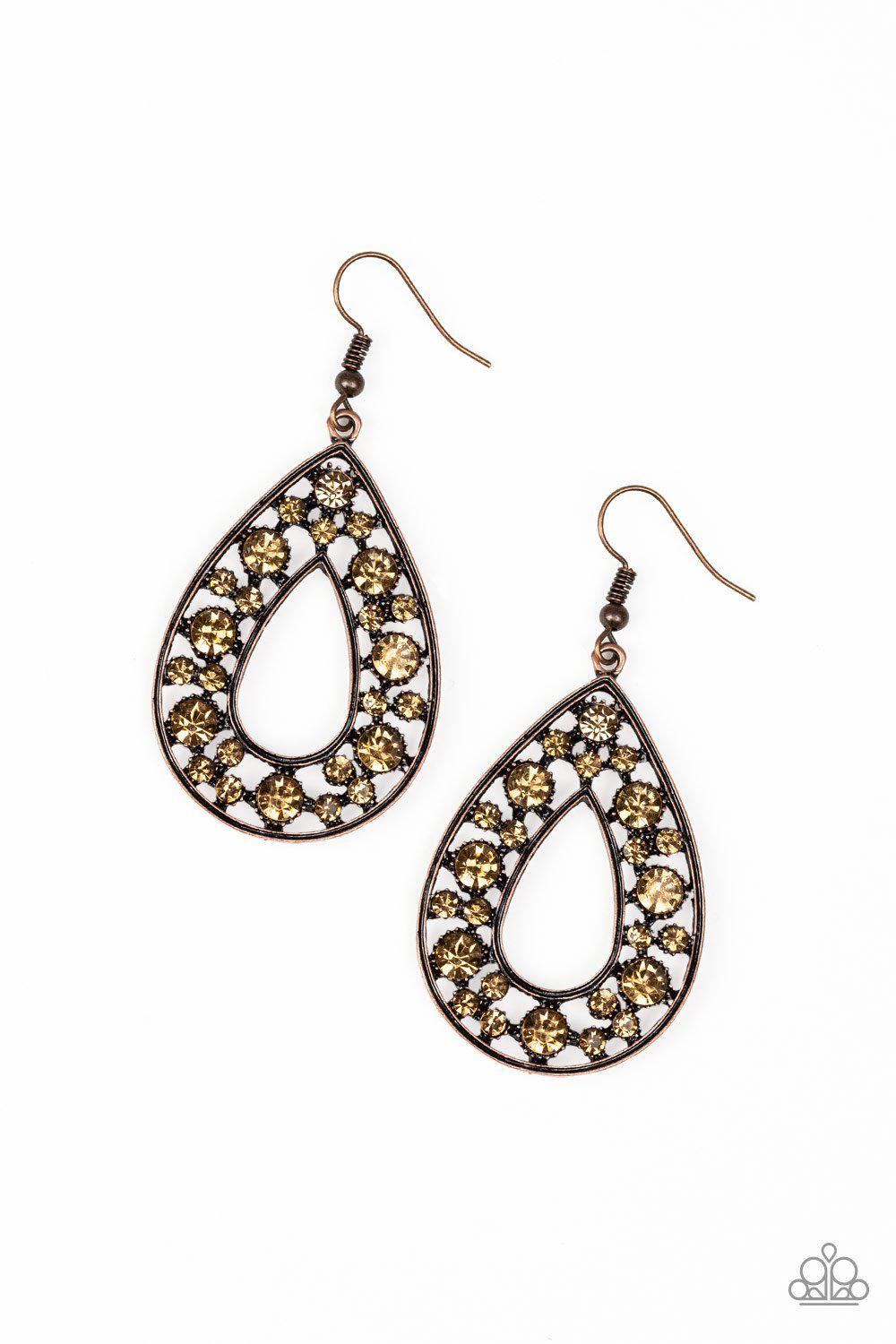 Midnight Magic Copper Rhinestone Teardrop Earrings - Paparazzi Accessories- on model - CarasShop.com - Paparazzi Jewelry by Cara Jewels