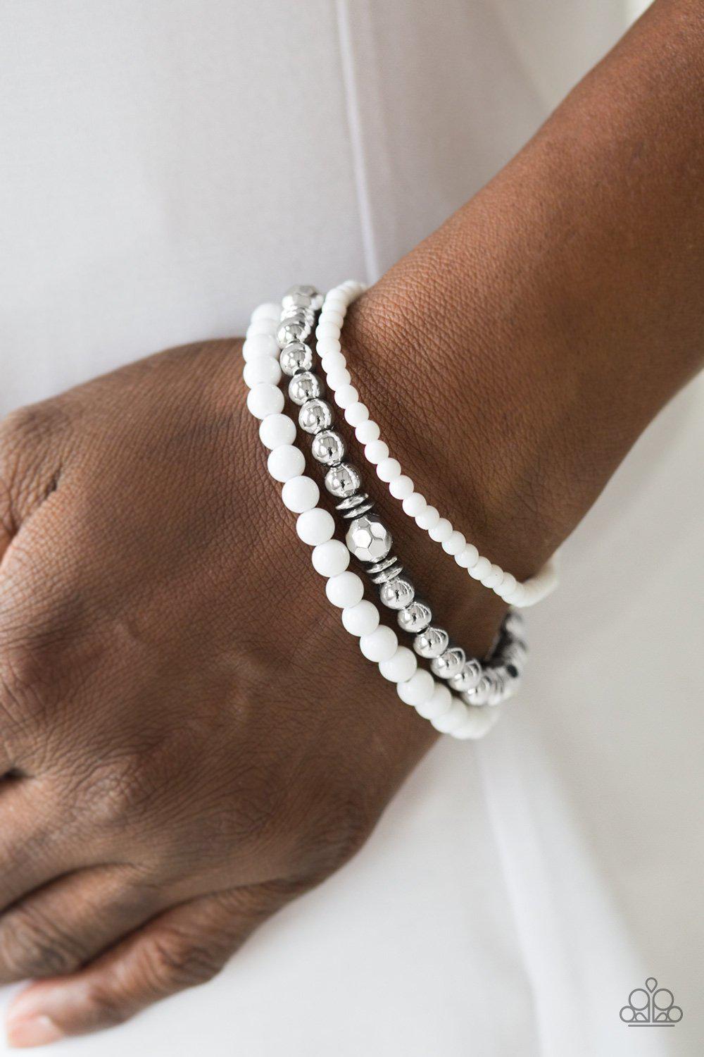 Midsummer Marvel White and Silver Stretch Bracelet Set - Paparazzi Accessories- lightbox - CarasShop.com - Paparazzi Jewelry by Cara Jewels