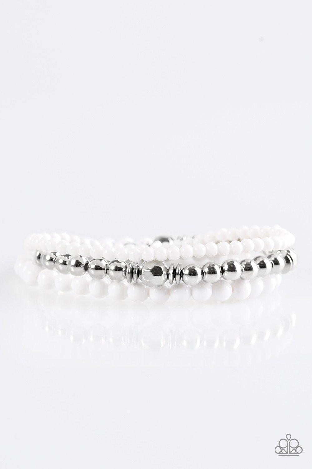 Midsummer Marvel White and Silver Stretch Bracelet Set - Paparazzi Accessories- on model - CarasShop.com - Paparazzi Jewelry by Cara Jewels