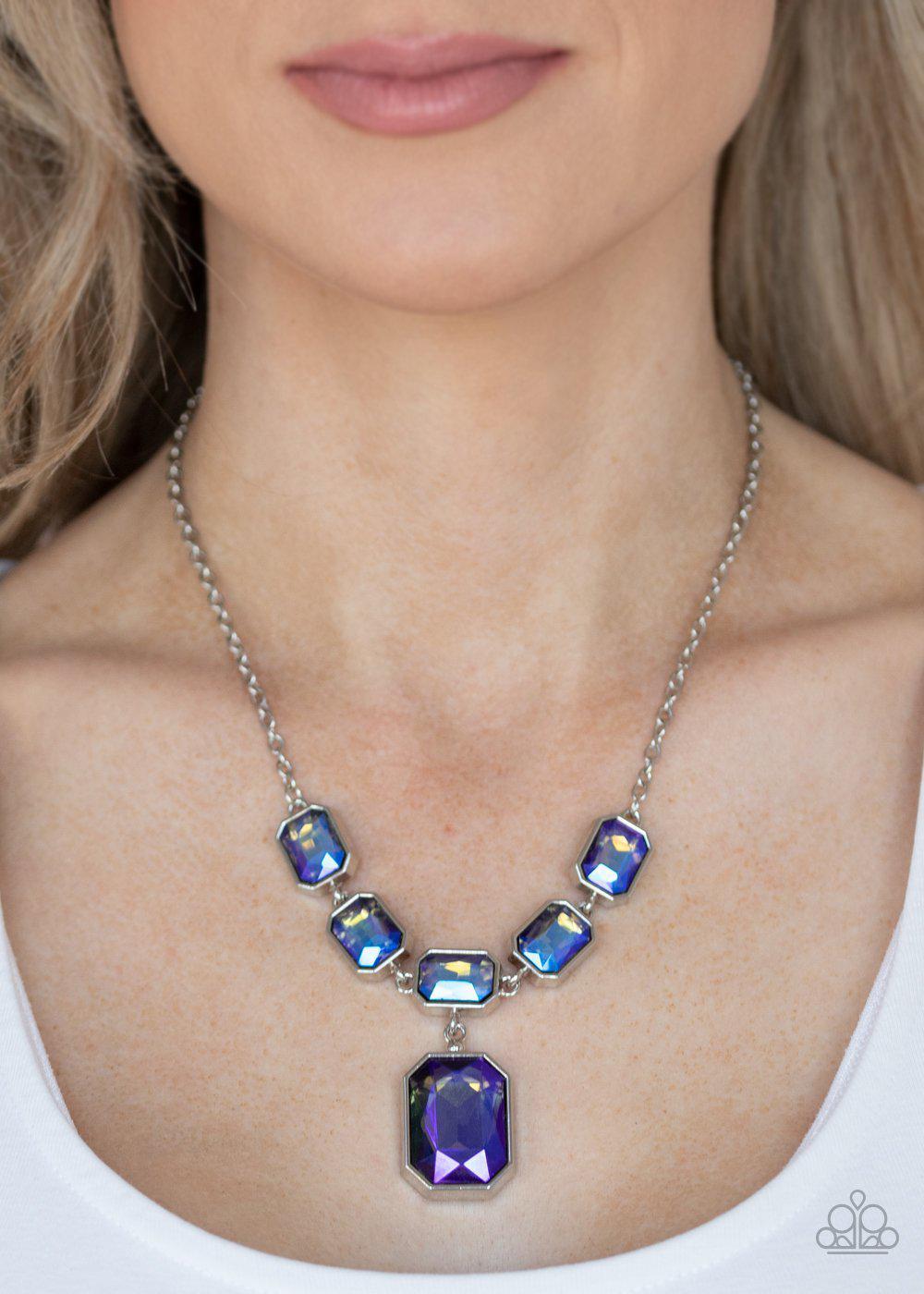 Million Dollar Moment Multi Iridescent Blue Rhinestone Necklace - Paparazzi Accessories- on model - CarasShop.com - Paparazzi Jewelry by Cara Jewels
