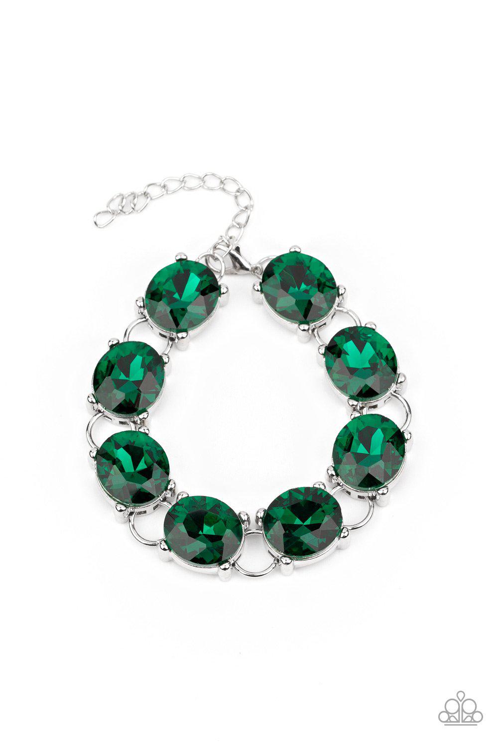 Mind Your Manners Green Rhinestone Bracelet - Paparazzi Accessories- on model - CarasShop.com - Paparazzi Jewelry by Cara Jewels