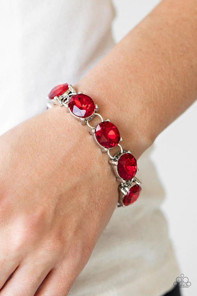 Mind Your Manners Red Bracelet - Paparazzi Accessories- on model - CarasShop.com - Paparazzi Jewelry by Cara Jewels