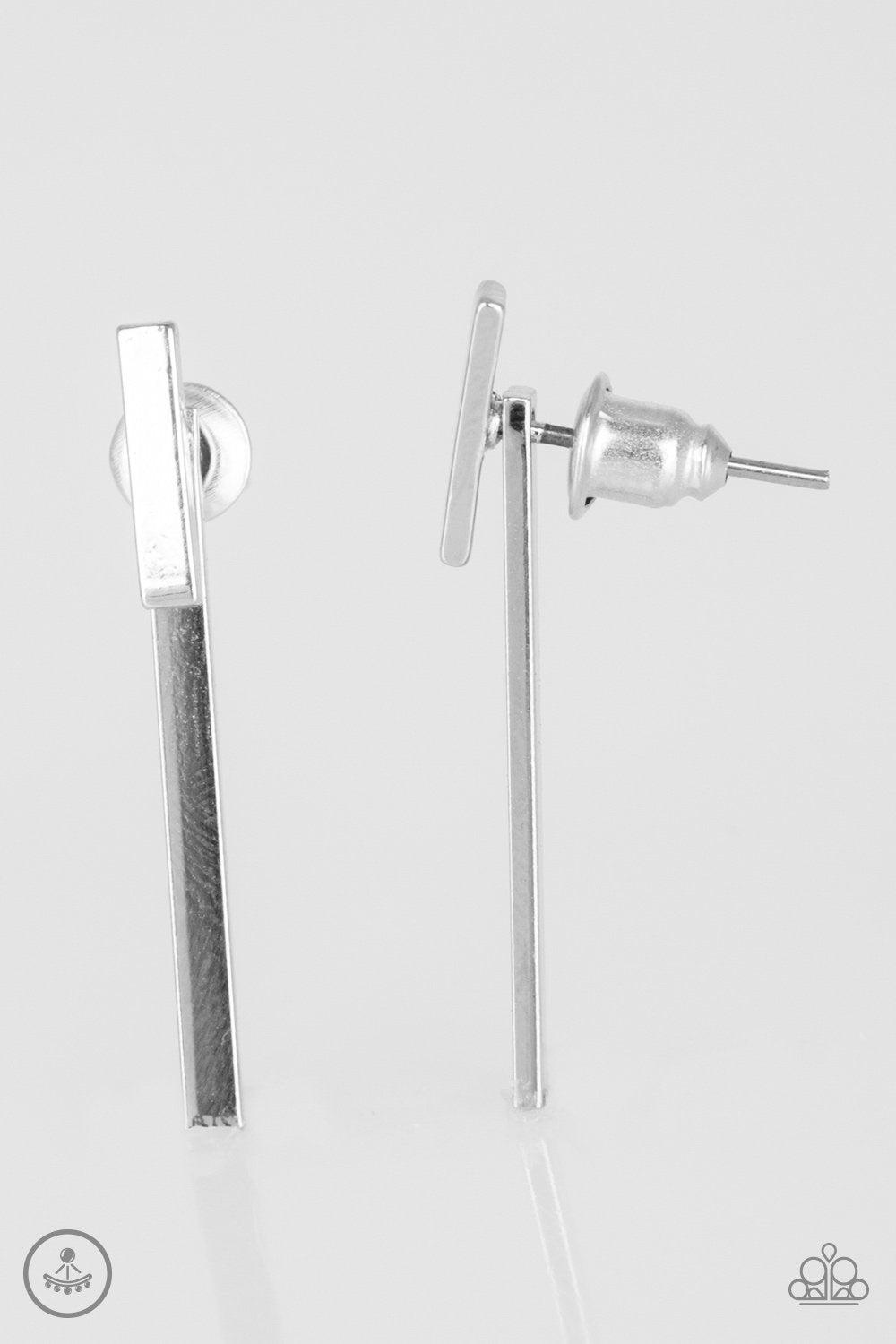 Minimally Maverick Silver Double-sided post Earrings - Paparazzi Accessories- on model - CarasShop.com - Paparazzi Jewelry by Cara Jewels