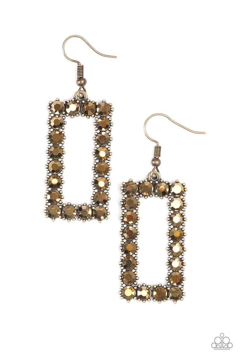 Mirror Mirror Brass Rhinestone Earrings - Paparazzi Accessories- on model - CarasShop.com - Paparazzi Jewelry by Cara Jewels