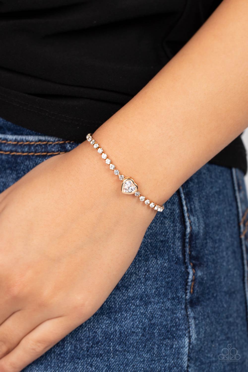 Mirrored Love Gold & White Rhinestone Heart Bracelet - Paparazzi Accessories- on model - CarasShop.com - Paparazzi Jewelry by Cara Jewels