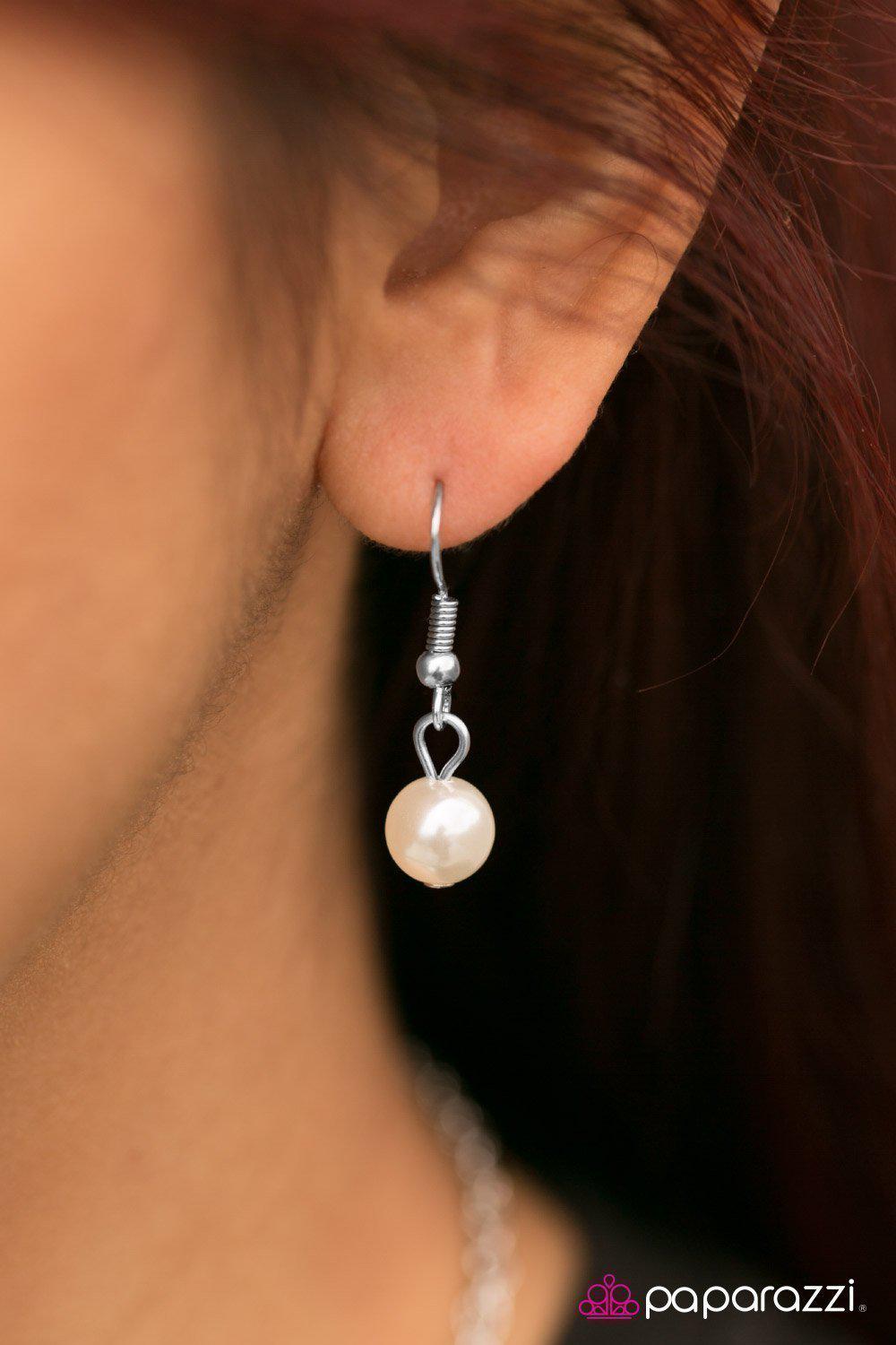 Miss Magnificent White Pearl Necklace and matching Earrings - Paparazzi Accessories - free matching earrings -CarasShop.com - Paparazzi Jewelry by Cara Jewels