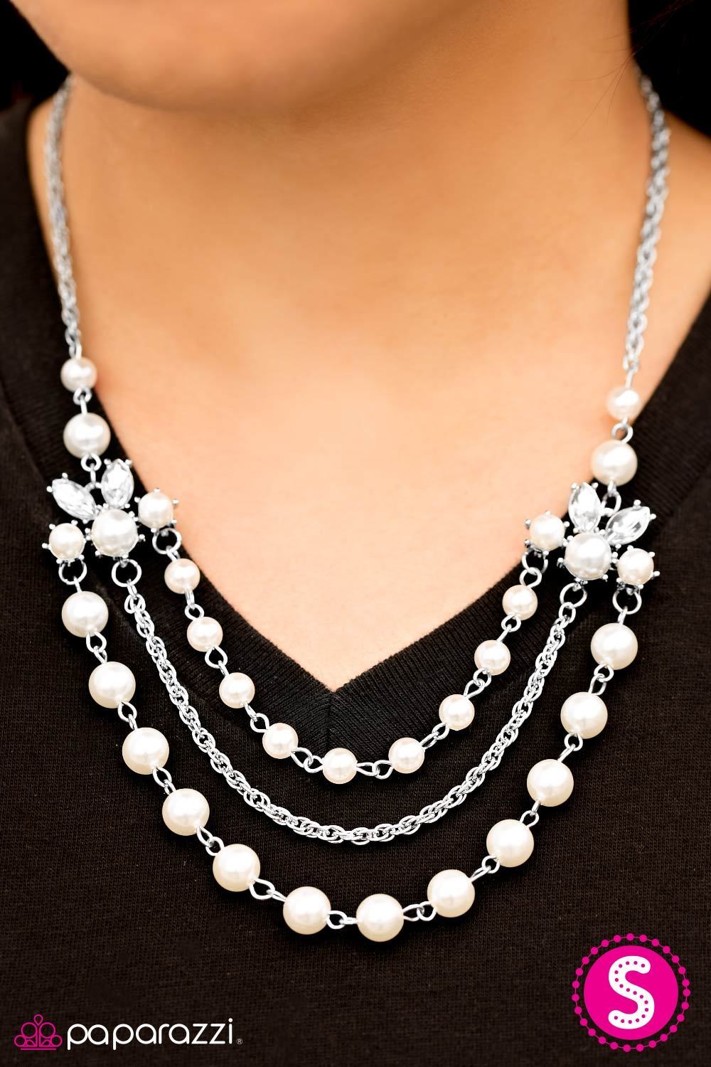 Miss Magnificent White Pearl Necklace and matching Earrings - Paparazzi Accessories- on model - CarasShop.com - Paparazzi Jewelry by Cara Jewels