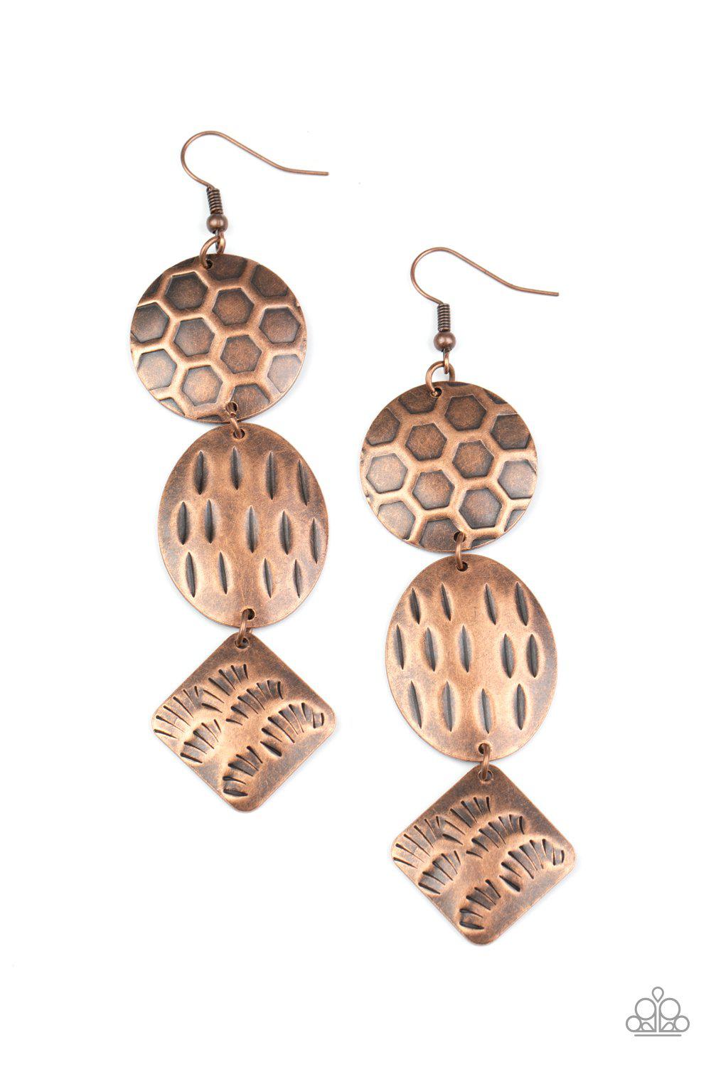 Mixed Movement Copper Earrings - Paparazzi Accessories- on model - CarasShop.com - Paparazzi Jewelry by Cara Jewels