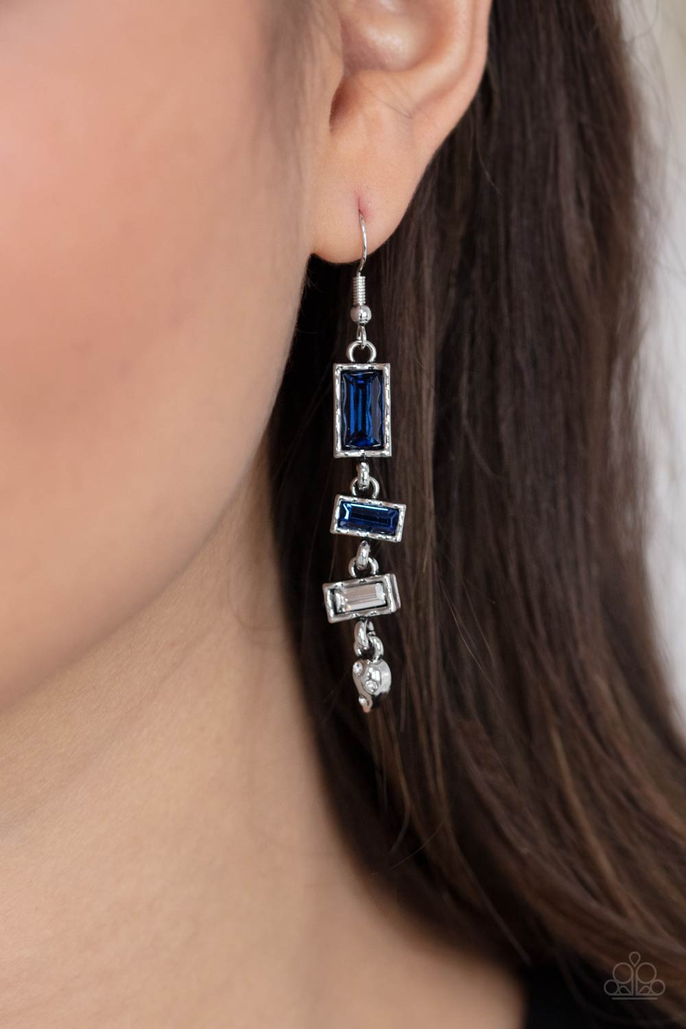 Modern Day Artifact Blue and White Rhinestone Earrings - Paparazzi Accessories- on model - CarasShop.com - Paparazzi Jewelry by Cara Jewels