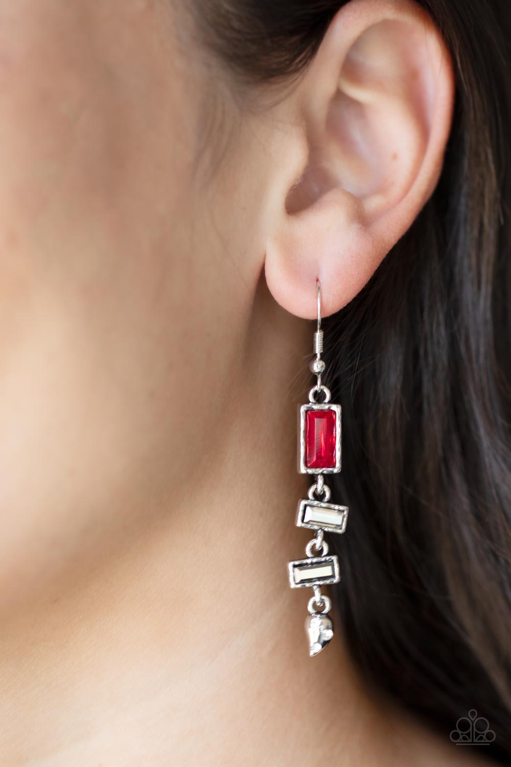 Modern Day Artifact Red and Hematite Rhinestone Earrings - Paparazzi Accessories- lightbox - CarasShop.com - Paparazzi Jewelry by Cara Jewels