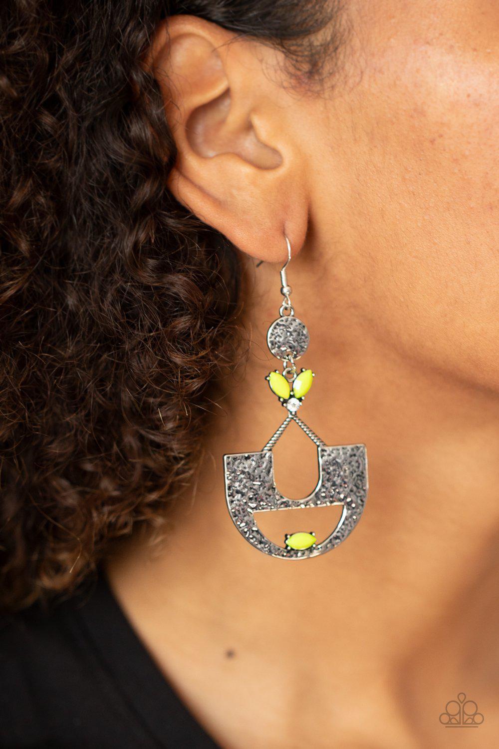 Modern Day Mecca Yellow and Silver Earrings - Paparazzi Accessories- lightbox - CarasShop.com - Paparazzi Jewelry by Cara Jewels