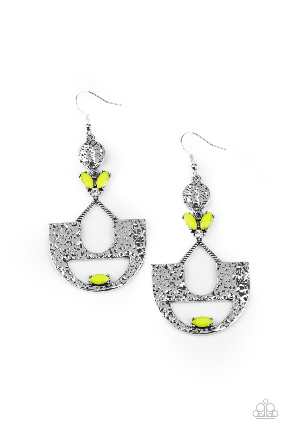 Modern Day Mecca Yellow and Silver Earrings - Paparazzi Accessories- on model - CarasShop.com - Paparazzi Jewelry by Cara Jewels