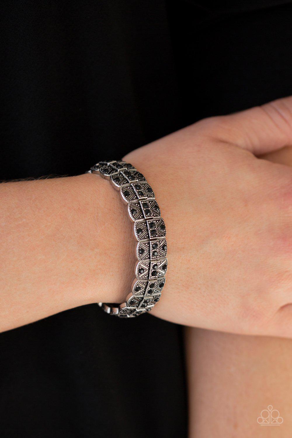 Modern Magnificence Silver and Black Rhinestone Bracelet - Paparazzi Accessories- on model - CarasShop.com - Paparazzi Jewelry by Cara Jewels