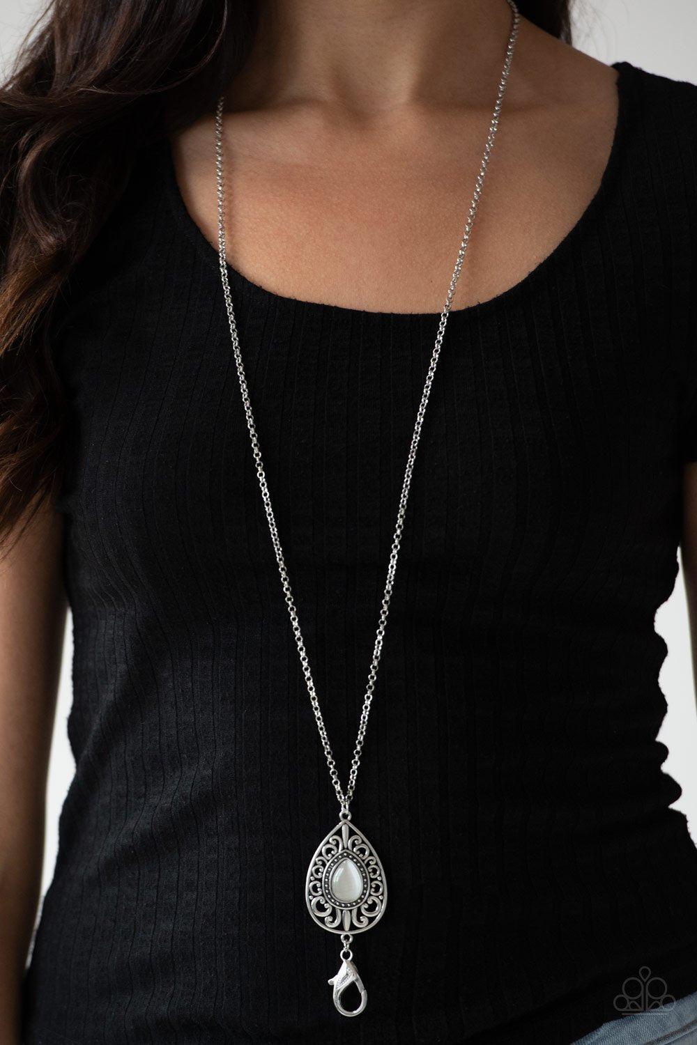 Modern Majesty White Moonstone Lanyard Necklace - Paparazzi Accessories- lightbox - CarasShop.com - Paparazzi Jewelry by Cara Jewels