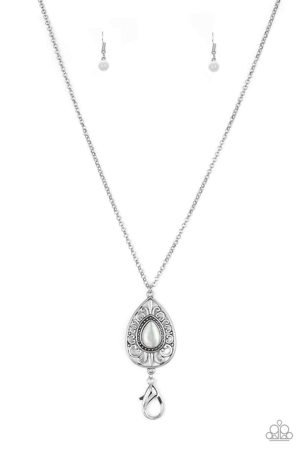 Modern Majesty White Moonstone Lanyard Necklace - Paparazzi Accessories- on model - CarasShop.com - Paparazzi Jewelry by Cara Jewels