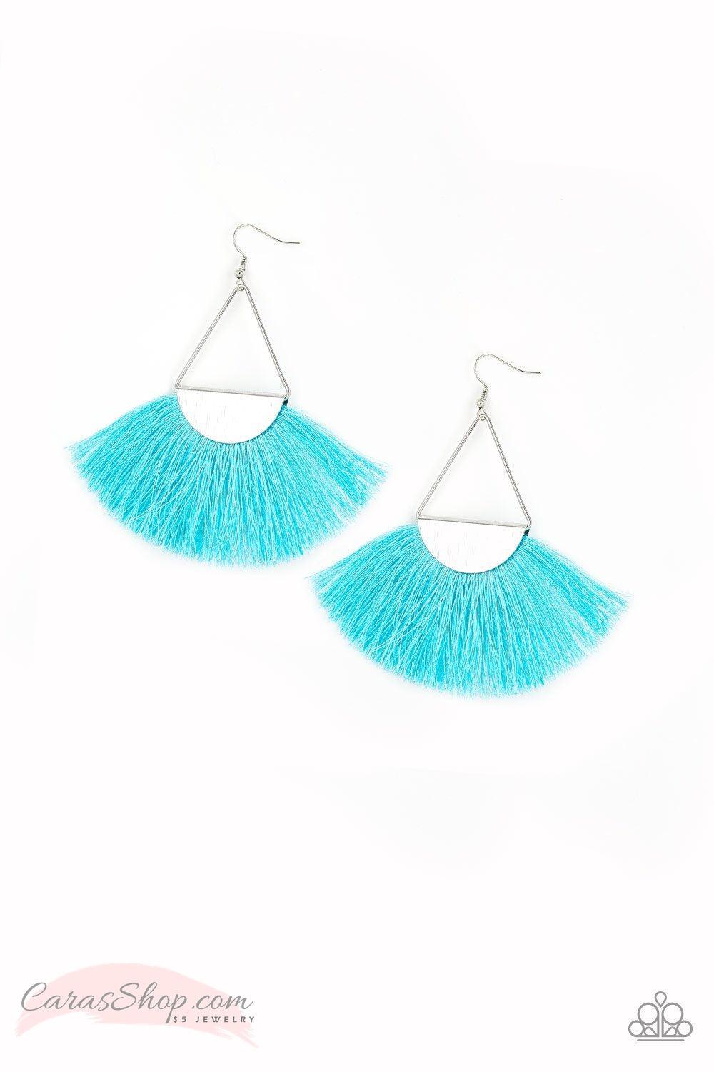 Modern Mayan - Blue Fringe Earrings - Paparazzi Accessories- on model - CarasShop.com - Paparazzi Jewelry by Cara Jewels
