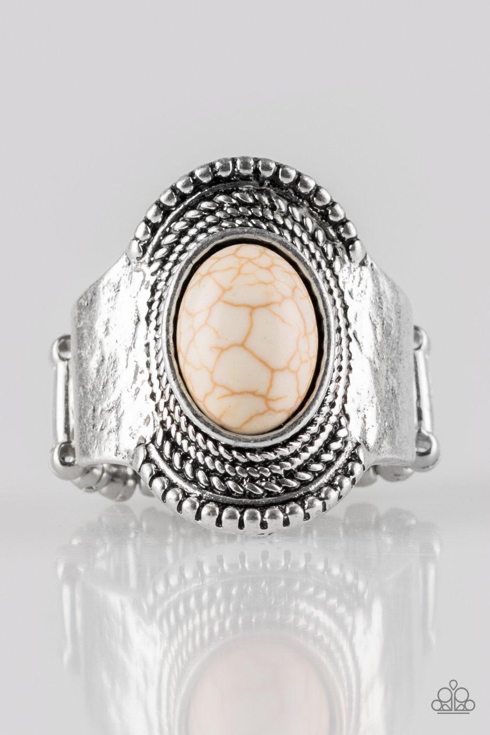 Modern Mesa Silver and White Stone Ring - Paparazzi Accessories- on model - CarasShop.com - Paparazzi Jewelry by Cara Jewels