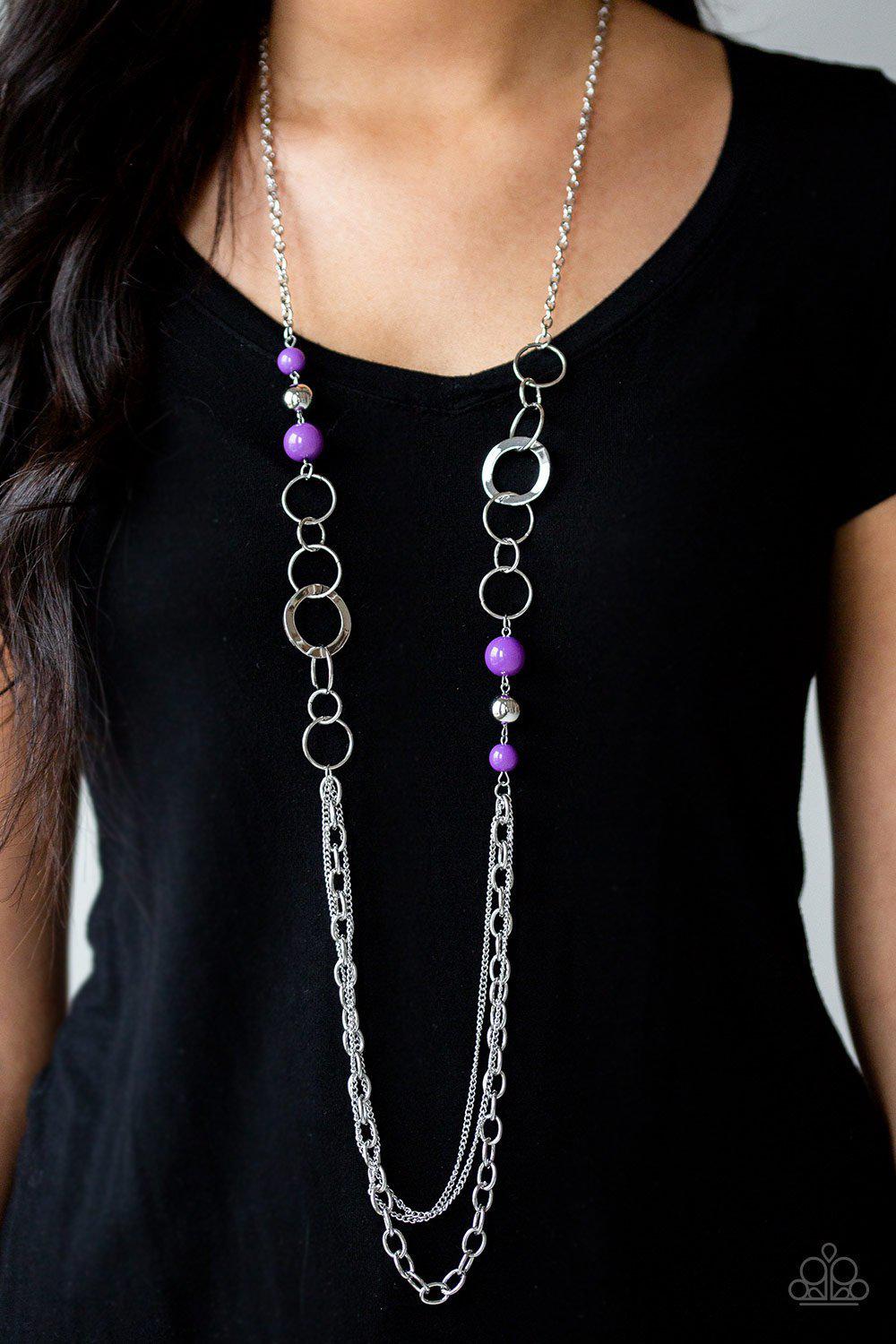 Modern Motley Purple and Silver Necklace - Paparazzi Accessories- on model - CarasShop.com - Paparazzi Jewelry by Cara Jewels