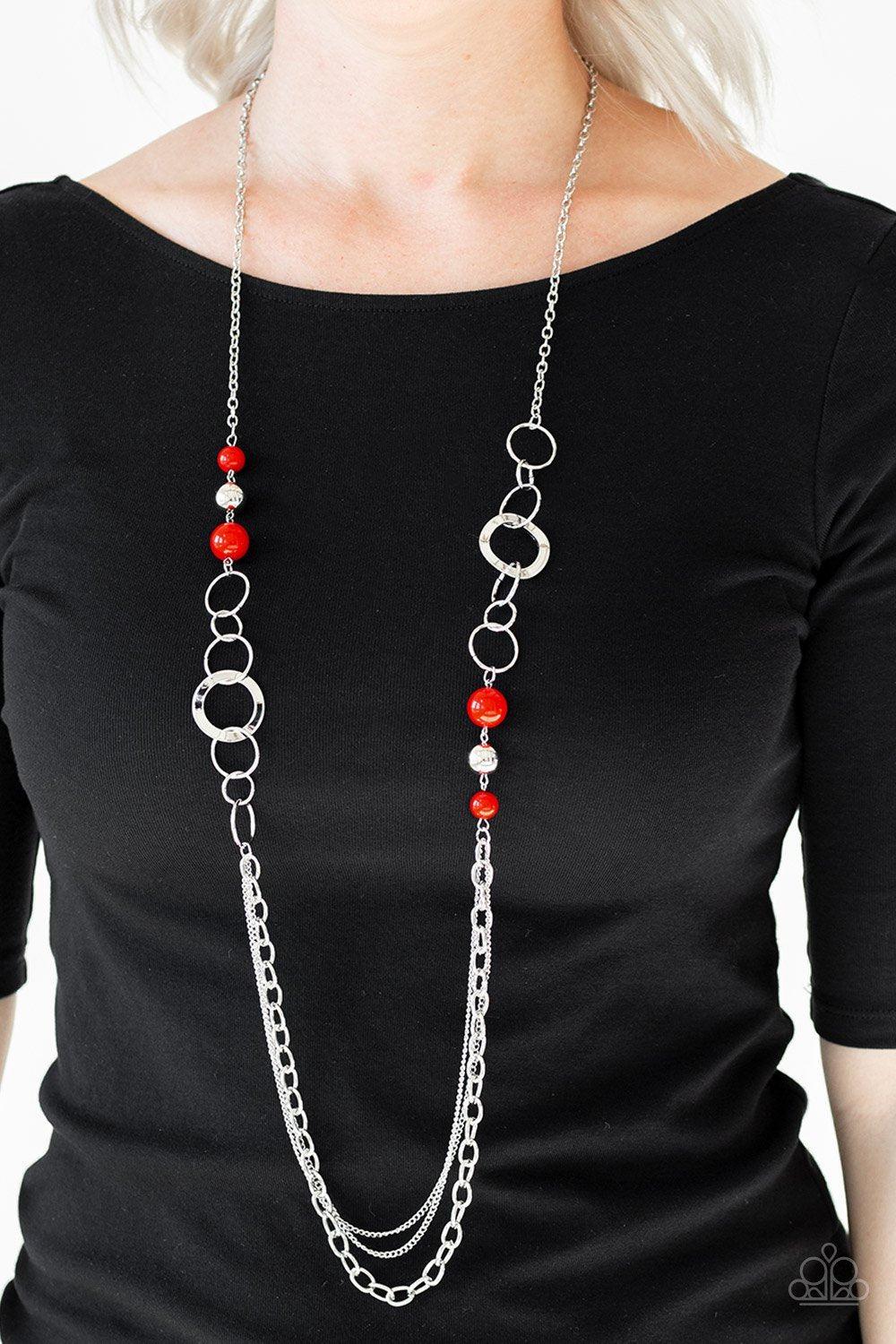 Modern Motley Red Necklace - Paparazzi Accessories- on model - CarasShop.com - Paparazzi Jewelry by Cara Jewels