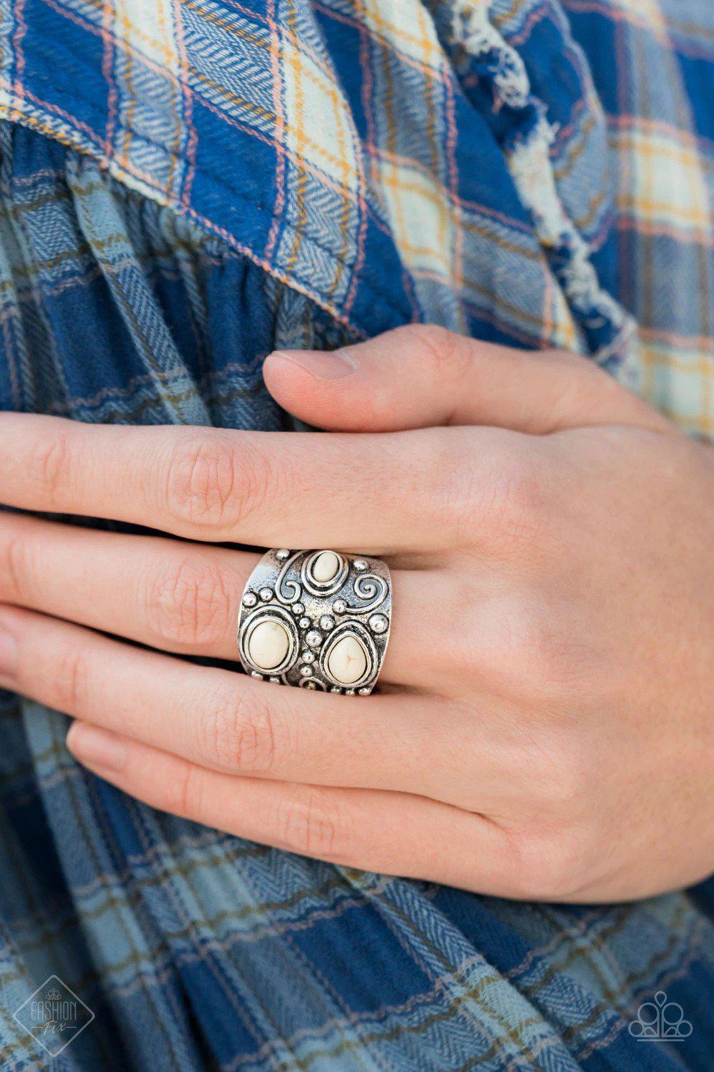 Modern Mountain Ranger White Stone Ring - Paparazzi Accessories- on model - CarasShop.com - Paparazzi Jewelry by Cara Jewels