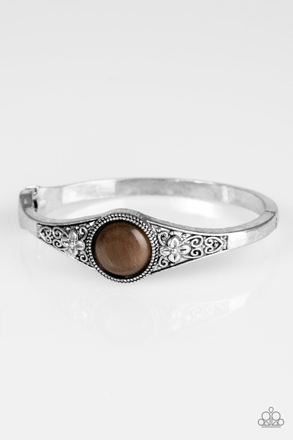 Modernly Meadow Silver and Brown Moonstone Hinged Bangle Bracelet - Paparazzi Accessories- on model - CarasShop.com - Paparazzi Jewelry by Cara Jewels