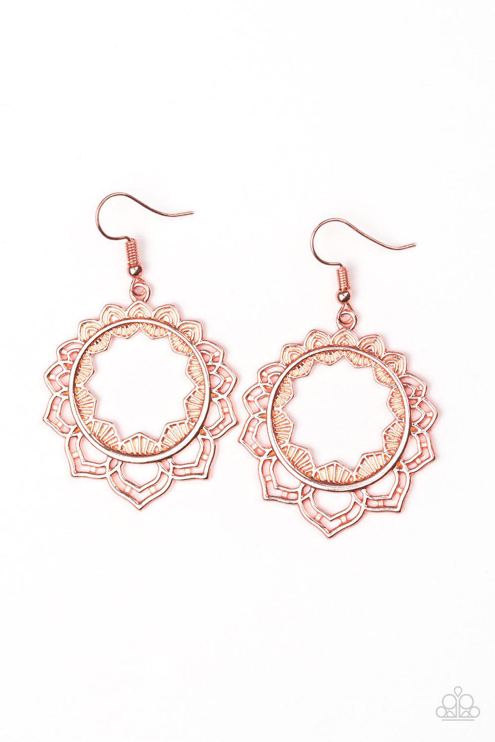 Modest Mandalas Shiny Copper Earrings - Paparazzi Accessories- lightbox - CarasShop.com - Paparazzi Jewelry by Cara Jewels