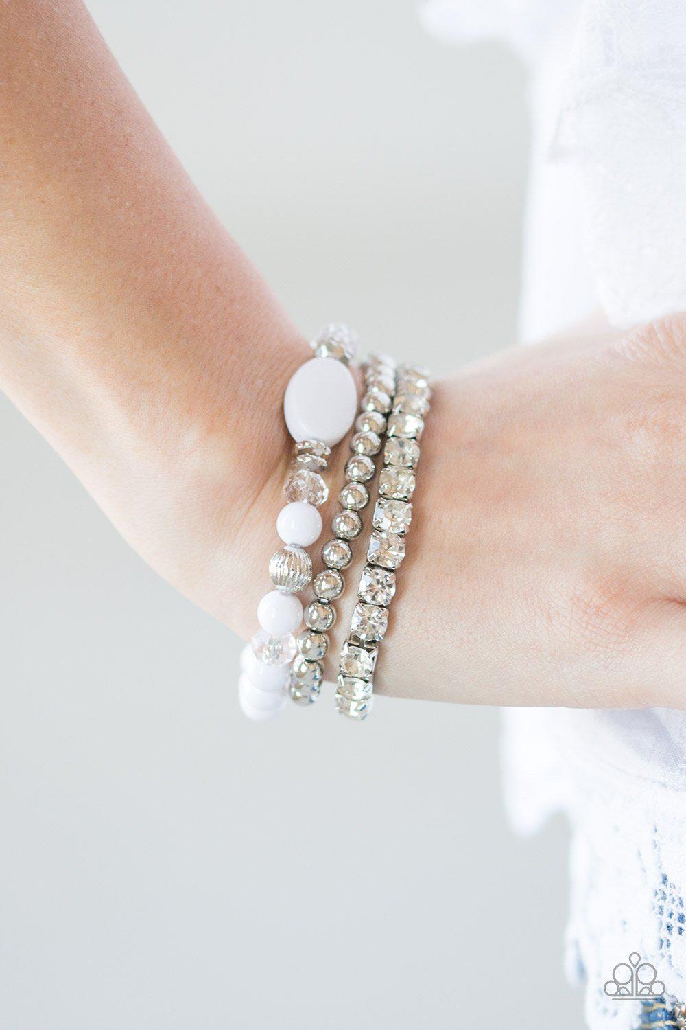 Modestly Madonna Silver and White Bracelet Set - Paparazzi Accessories- lightbox - CarasShop.com - Paparazzi Jewelry by Cara Jewels