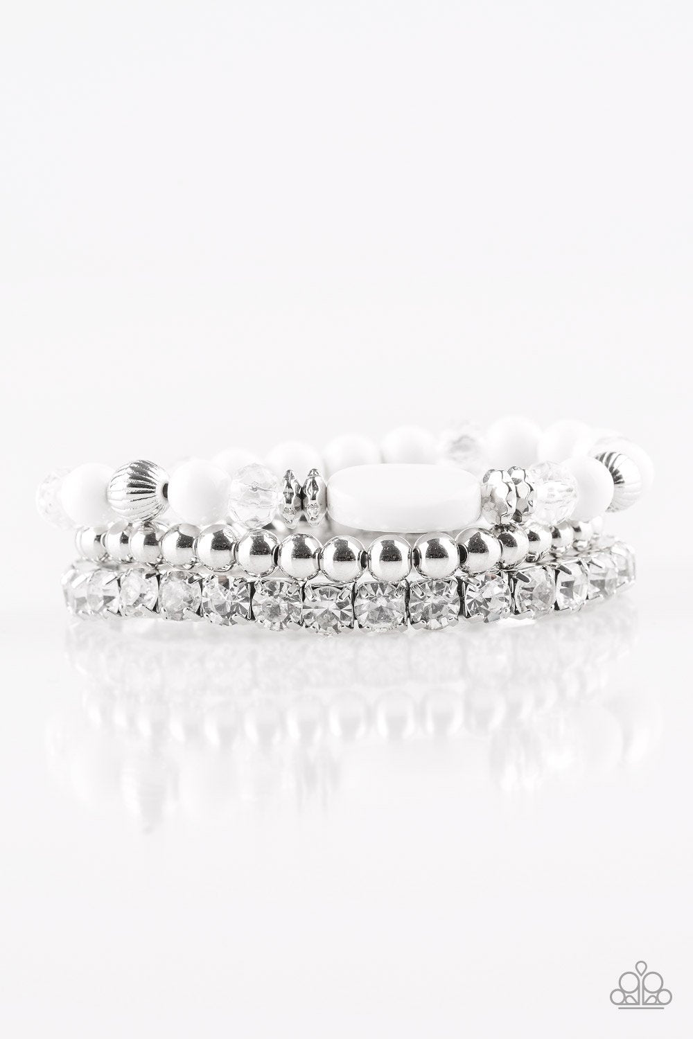Modestly Madonna Silver and White Bracelet Set - Paparazzi Accessories- on model - CarasShop.com - Paparazzi Jewelry by Cara Jewels