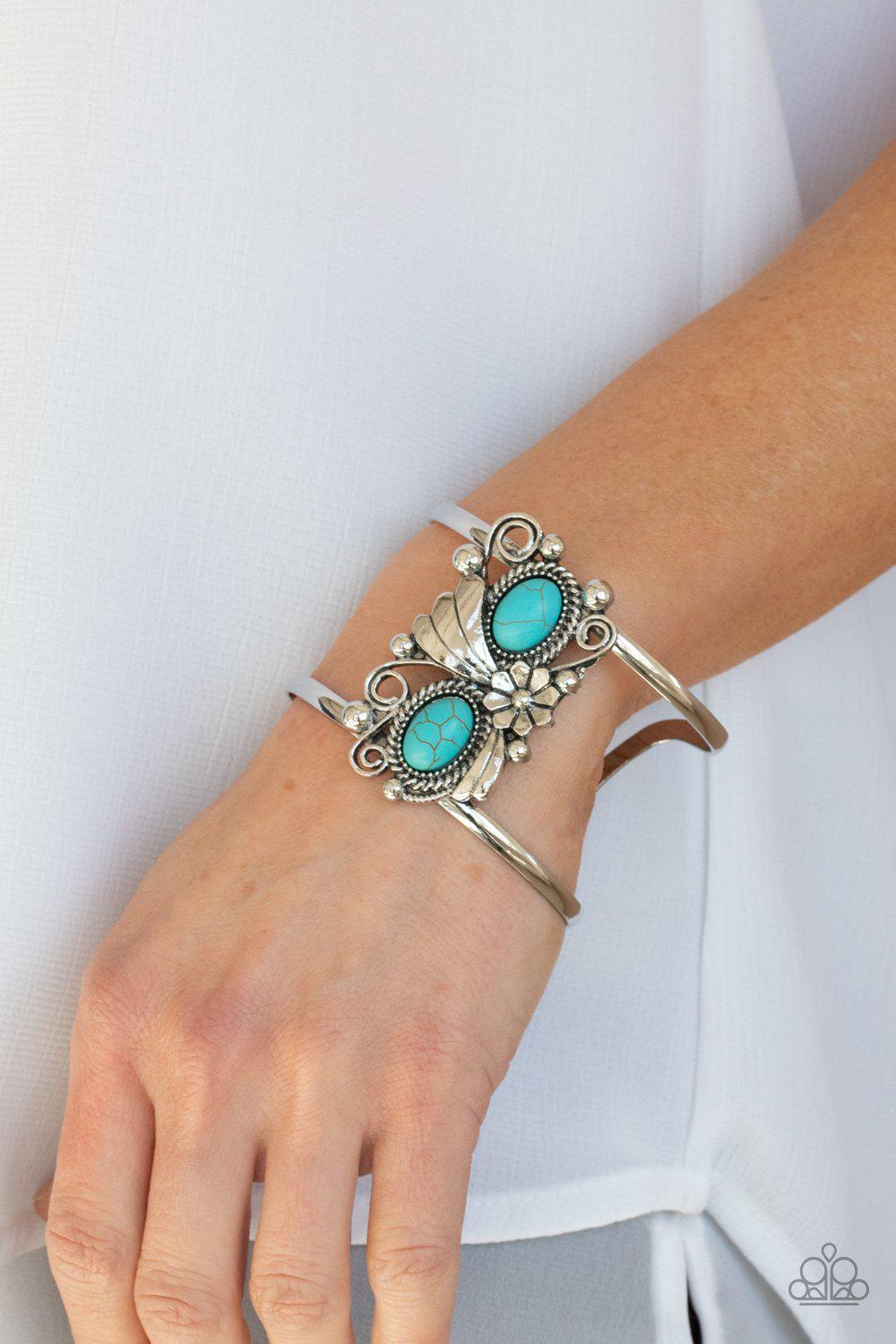 Mojave Flower Girl Turquoise Blue Stone Flower Cuff Bracelet - Paparazzi Accessories- lightbox - CarasShop.com - Paparazzi Jewelry by Cara Jewels