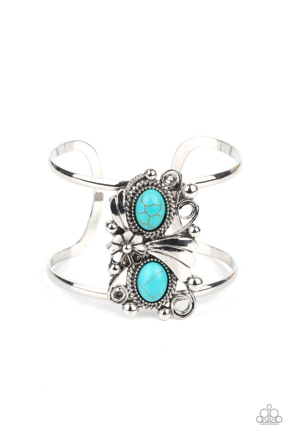 Mojave Flower Girl Turquoise Blue Stone Flower Cuff Bracelet - Paparazzi Accessories- on model - CarasShop.com - Paparazzi Jewelry by Cara Jewels