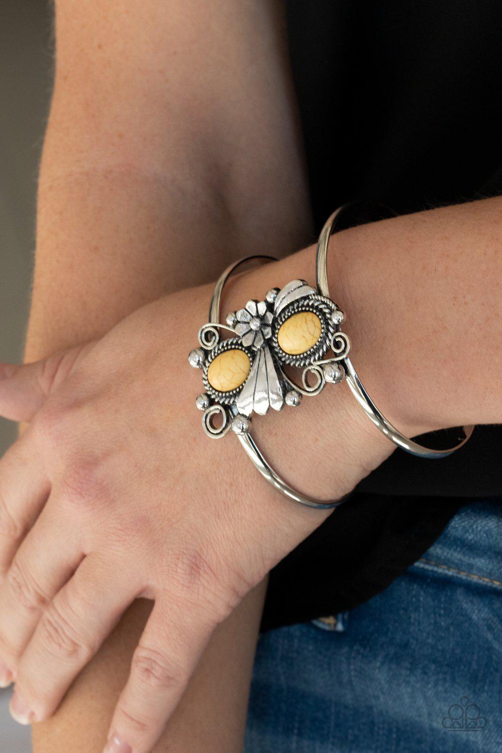 Mojave Flower Girl Yellow Stone Cuff Bracelet - Paparazzi Accessories- lightbox - CarasShop.com - Paparazzi Jewelry by Cara Jewels