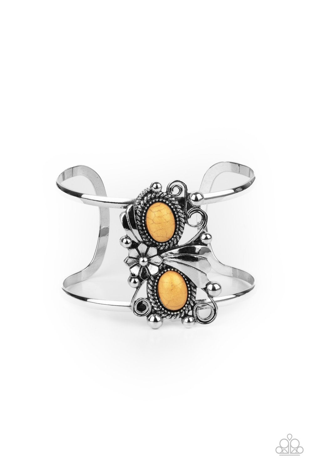 Mojave Flower Girl Yellow Stone Cuff Bracelet - Paparazzi Accessories- on model - CarasShop.com - Paparazzi Jewelry by Cara Jewels