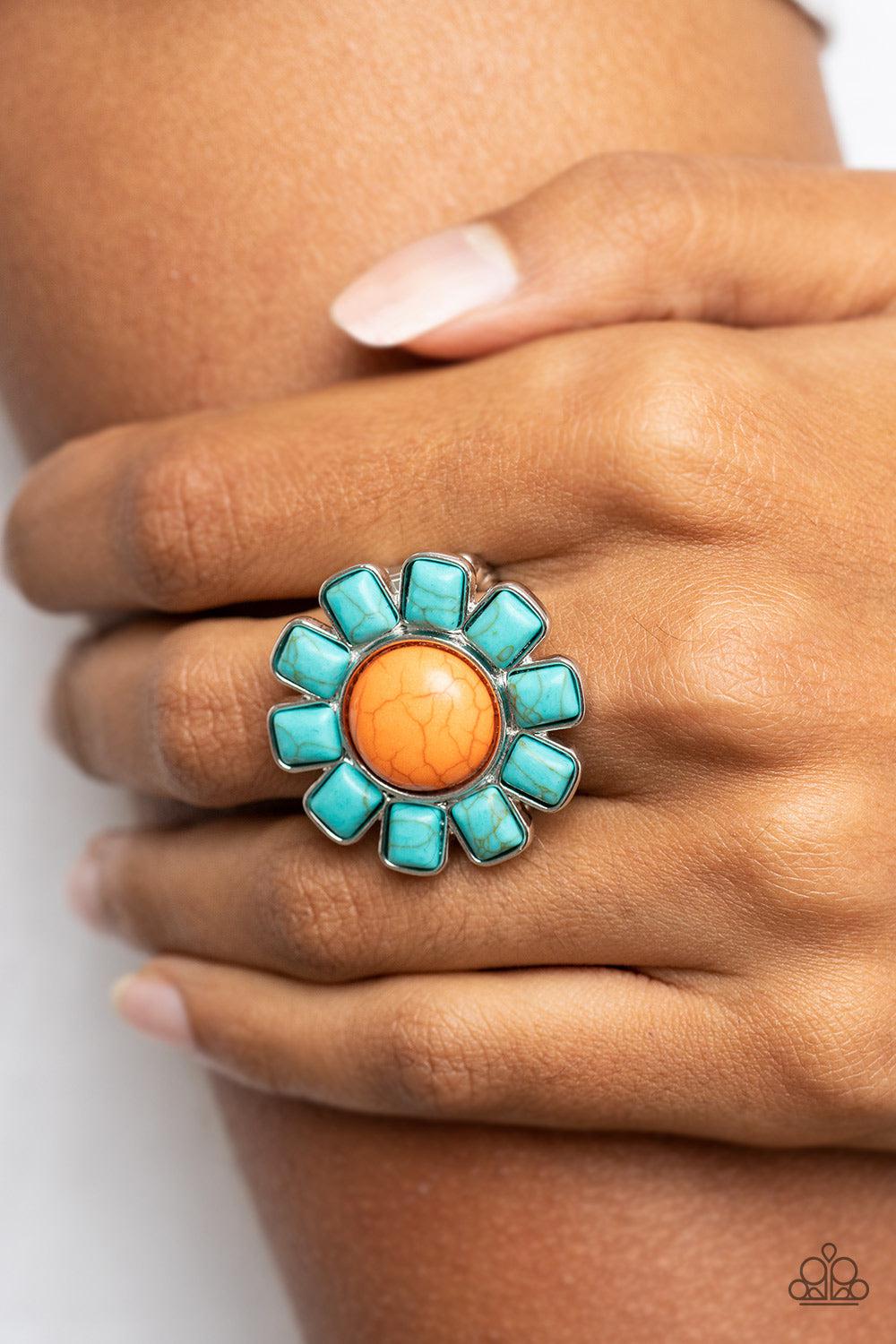 Mojave Marigold Orange & Turquoise Blue Stone Ring - Paparazzi Accessories- lightbox - CarasShop.com - Paparazzi Jewelry by Cara Jewels