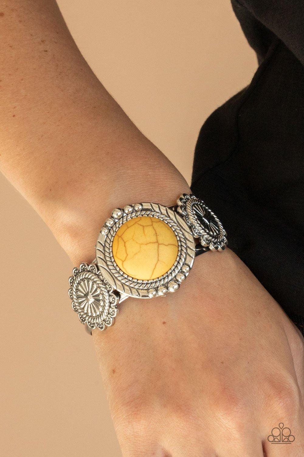 Mojave Motif Yellow Stone Cuff Bracelet - Paparazzi Accessories- on model - CarasShop.com - Paparazzi Jewelry by Cara Jewels