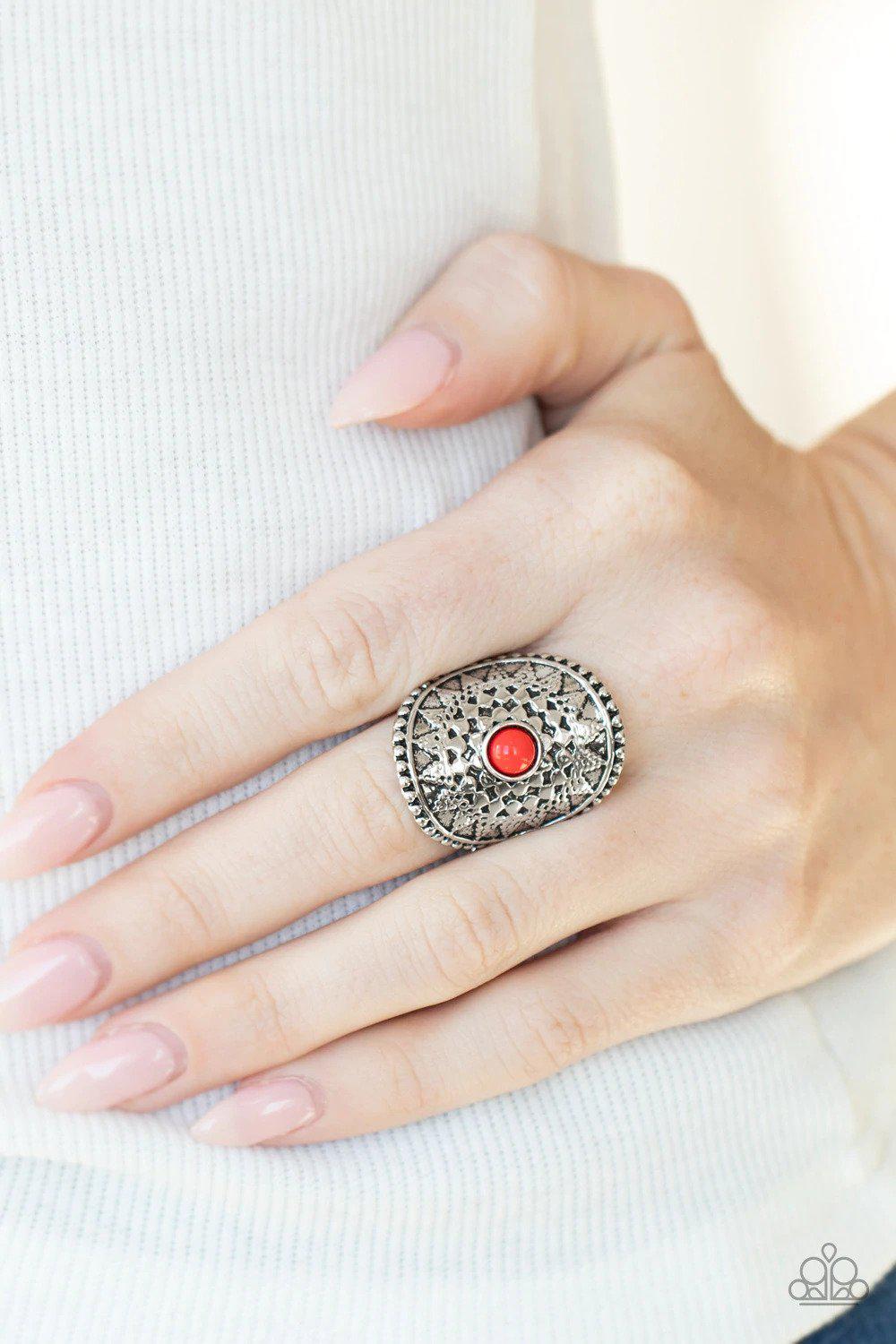 Mojave Rays Red Ring - Paparazzi Accessories- on model - CarasShop.com - Paparazzi Jewelry by Cara Jewels