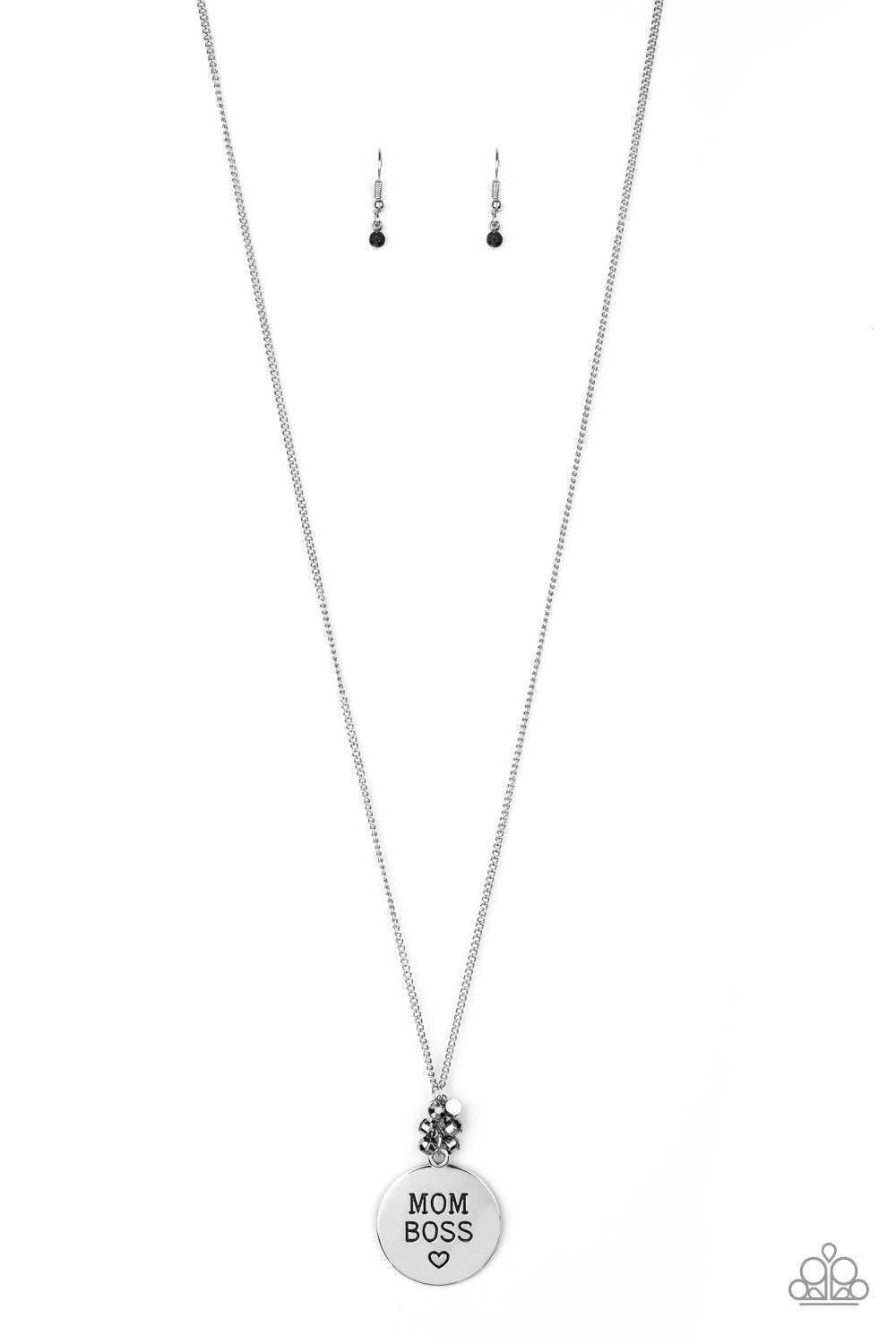 Mom Boss Silver Necklace and matching Earrings - Paparazzi Accessories- lightbox - CarasShop.com - Paparazzi Jewelry by Cara Jewels