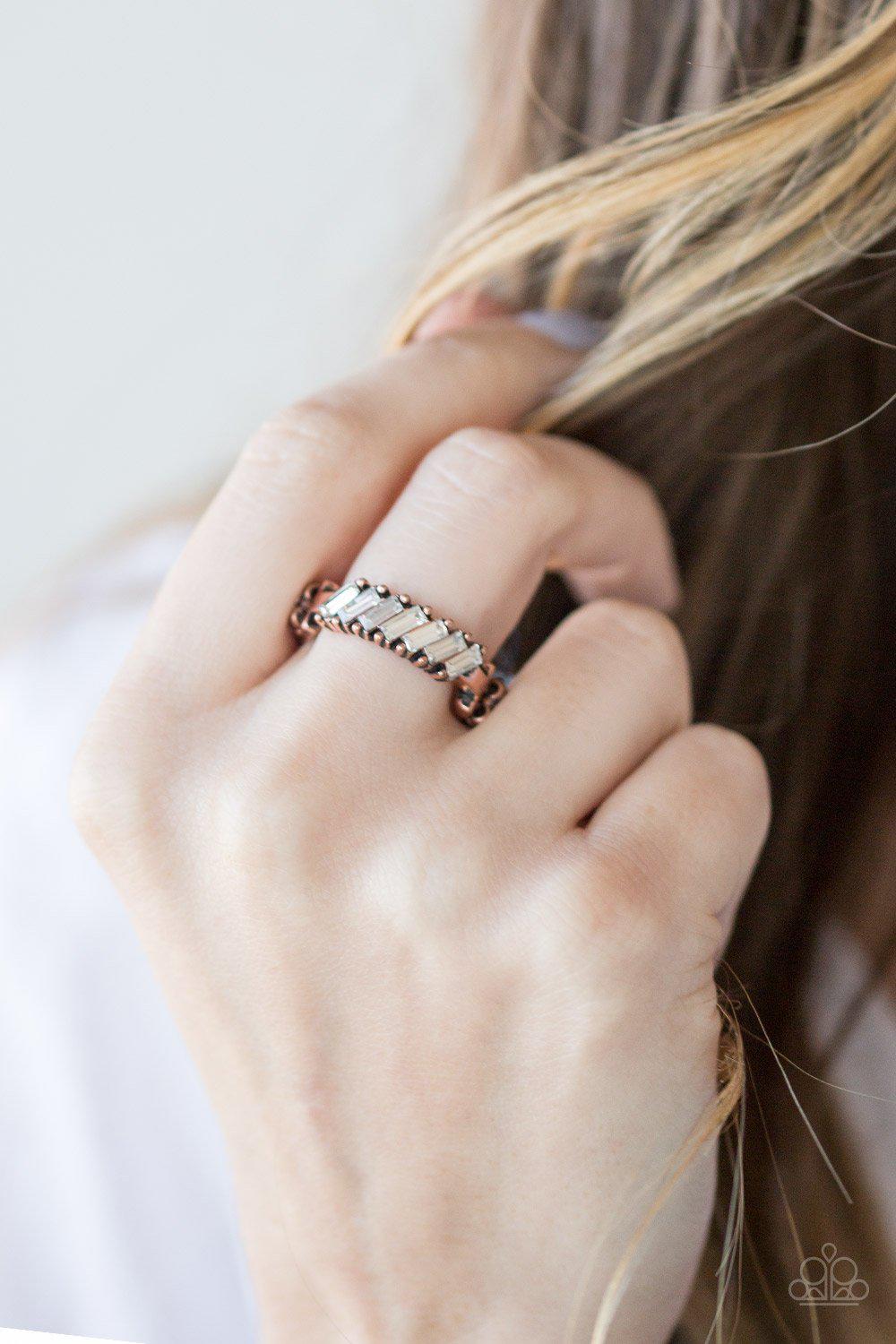 Money Hungry Copper and White Rhinestone Ring - Paparazzi Accessories- lightbox - CarasShop.com - Paparazzi Jewelry by Cara Jewels