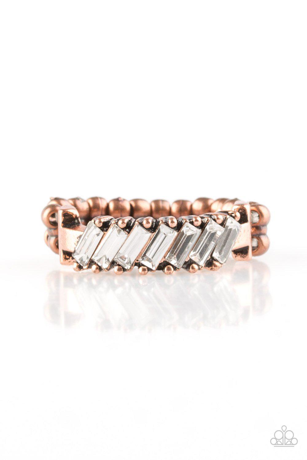 Money Hungry Copper and White Rhinestone Ring - Paparazzi Accessories- on model - CarasShop.com - Paparazzi Jewelry by Cara Jewels