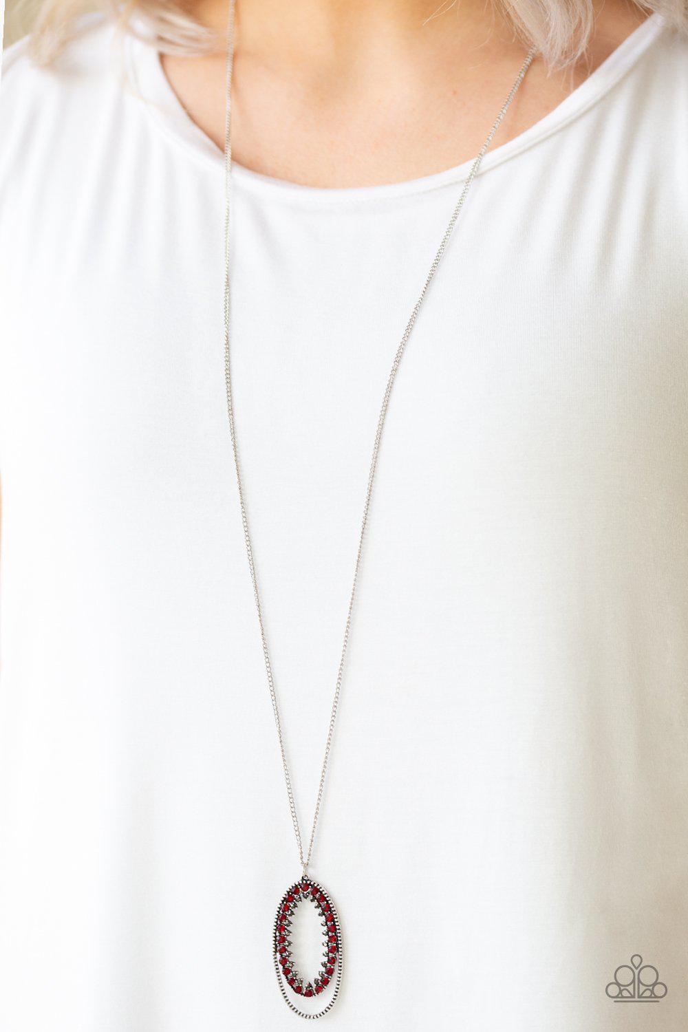 Money Mood Red and Hematite Rhinestone Necklace - Paparazzi Accessories- on model - CarasShop.com - Paparazzi Jewelry by Cara Jewels